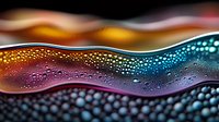 Colorful liquid waves with bubbles and droplets creating abstract macro photography art. Dynamic fluid surface with vibrant orange, blue and purple colors.