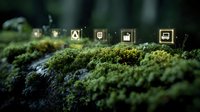 Moss-covered rock with glowing digital icons floating above, representing technology integration with nature in forest environment.