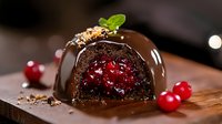 Dark chocolate dessert dome filled with cherry compote and topped with melted chocolate glaze, garnished with fresh mint leaf and cranberries on wooden surface.