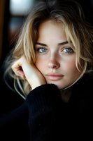 Young Caucasian woman with striking blue eyes and freckles wearing black sweater, natural makeup, blonde messy hair in atmospheric portrait lighting.
