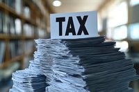 Stack of tax documents and paperwork with TAX sign in office setting for accounting and financial preparation during filing season.