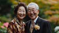 Senior Asian couple sharing joyful moment outdoors, wearing formal attire with floral boutonniere against blurred garden background. Natural genuine smiles.