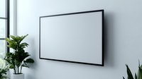Empty white screen display mounted on gray wall near window with green plant, modern minimalist interior design setup for presentations and media content.