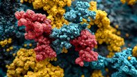 Colorful microscopic view of molecular structures with red, blue, and yellow clusters forming intricate patterns against dark background.