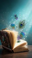 Magical open book with peacock feathers and sparkling diamonds floating above pages on wooden surface against dreamy turquoise background for fantasy storytelling.
