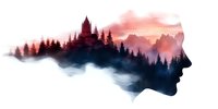 Dreamy double exposure silhouette combining female profile with misty mountain landscape, gothic castle and pine forest against dramatic sunset sky.