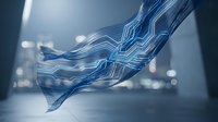 Digital circuit board patterns flowing like fabric in futuristic tech environment with glowing blue lines and bokeh lights for modern technology concepts.