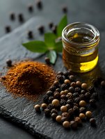 Ground black pepper, whole peppercorns and olive oil in glass jar on dark stone slate with green leaves, moody food photography composition.