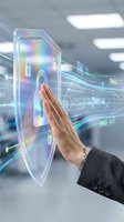 Businessman hand touching holographic cybersecurity shield with lock icon in modern office environment with digital data streams and binary code.