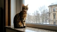 Tabby cat sitting on windowsill looking outside at urban winter street scene with bare trees and apartment building visible through glass window.
