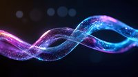 Glowing neon wave with sparkling particles flowing in smooth curves against dark background for digital art and futuristic technology designs.
