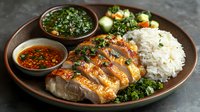 Sliced roasted duck breast with crispy skin served with white rice, fresh herbs and spicy Asian dipping sauces on rustic ceramic plate against dark background.