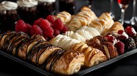 Assorted fresh pastries and desserts on dark platter including chocolate drizzled croissants, cream puffs, and garnished with fresh raspberries and berries.