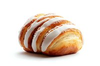 Fresh baked sweet roll with white vanilla glaze drizzle in diagonal stripes on isolated background, ready for pastry shop or bakery advertising.
