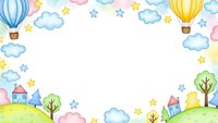 Watercolor frame with hot air balloons, clouds, stars and houses creating border on white background for children designs and nursery decor projects.