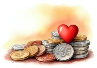 Watercolor stacks of gold and silver coins with a red heart on top, symbolizing charity, donation, and love of money on a white background.