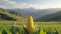 Fresh corn cob with green husk in mountain valley farm field, dramatic sunlit peaks and rolling hills in background, agricultural landscape.