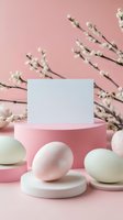 Blank white card mockup with Easter eggs and spring cherry blossom branches on pink podium display. Minimal holiday composition for greeting cards and social media.