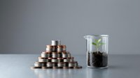 Young green plant seedling growing in glass beaker with soil next to pyramid stack of coins representing investment growth and financial success.