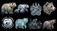 Watercolor bear clipart set with grizzly, cubs, paw print, and nature elements, isolated on transparent background. Great for stickers, t-shirt design, and print on demand.
