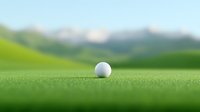 Golf ball on green grass course with blurred mountain landscape background, macro close-up view showing texture of grass and ball surface details.