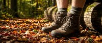 Hiker boots on autumn forest trail covered with colorful fallen leaves. Outdoor adventure and nature exploration concept for hiking gear advertisements.