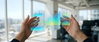 Professional hands presenting holographic business analytics and data visualization charts in modern office environment for corporate presentations.