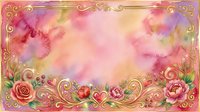 Watercolor floral background with pink roses, peonies, and ornate gold scrollwork border frame, suitable for wedding invitations and greeting cards.