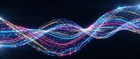 Abstract digital wave with glowing neon lights and particle effects on dark background for technology and data visualization concepts.