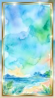 Tropical beach landscape with watercolor sky, golden frame border, and palm foliage. Soft blue, green, and peachy tones create serene coastal scene. Suitable for wall art, home decor, and design projects.