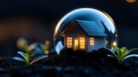 Miniature glowing house inside crystal ball with illuminated windows on dark soil, surrounded by green plants and bokeh lights creating magical atmosphere.