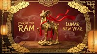 Golden ram statue with red ribbon on ornate background for Chinese New Year celebration. Traditional Asian festival decoration with clouds and geometric patterns.