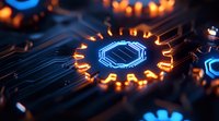 Glowing blue microchip processor with orange light rays on dark circuit board background, futuristic technology concept for artificial intelligence and computing.