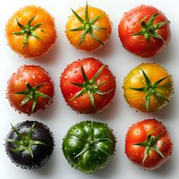 Fresh colorful heirloom tomatoes with water drops arranged in grid pattern on white background, top view. Perfect for healthy eating, organic food blogs and recipe designs.