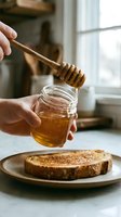 Person with light skin tone drizzling golden honey from wooden dipper onto jar above toasted bread slice on plate. Sunlit kitchen setting with window background. Food preparation and breakfast concept.