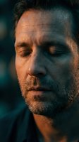 Middle-aged man with beard and closed eyes in dramatic warm and cool lighting, conveying contemplation, stress, or emotional introspection for wellness and mental health concepts.