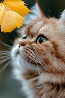 Close-up portrait of ginger cat with bright yellow eyes looking up at autumn leaf against blurred background, showing curiosity and playful nature of feline pet.