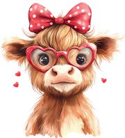 Adorable highland cow calf wearing heart-shaped glasses and red polka dot bow, surrounded by small hearts on white background. For valentines cards and nursery art.