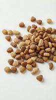 Dry pet food kibble pile scattered on white background, isolated mixed brown and beige crunchy nuggets for dogs or cats nutrition.