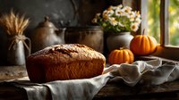 Freshly baked pumpkin bread loaf on rustic wooden table with autumn decor, small pumpkins, dried wheat, and potted flowers by window in warm light.