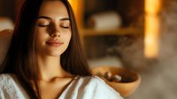 Young Hispanic woman with closed eyes and serene expression wearing white bathrobe at spa wellness center, relaxation and mindfulness concept.