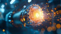 Glowing digital portal with orange light rays and particles emerging from futuristic circular gateway on dark blue background with bokeh effect.
