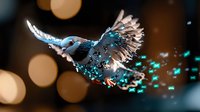 Magical glowing hummingbird in flight with sparkling turquoise particles trailing behind against dark background with soft bokeh lights. Suitable for fantasy art.