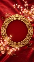 Ornate golden circular frame with cherry blossoms on red silk background featuring traditional Asian cloud patterns for luxury design projects.