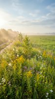 Morning sunlight illuminates wildflowers along a rural path bordering expansive green fields, ideal for agriculture, nature, and countryside editorial projects.