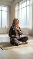 Mature woman practicing mindful breathing meditation in bright living room with natural light streaming through windows for wellness and relaxation.