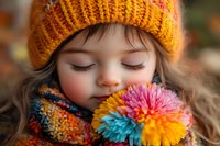 Young girl with closed eyes wearing orange knit beanie and colorful scarf snuggles against vibrant multicolored pom-pom in dreamy autumn portrait.