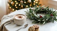 Cozy Christmas morning scene with hot cocoa cup, festive wreath, cookies and warm lights creating holiday atmosphere for seasonal celebrations.