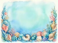 Watercolor ocean frame with seashells, coral and marine plants on soft blue background. Coastal border design for summer projects and beach themed decorations.