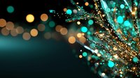Magical turquoise and gold bokeh lights with glittering sparkles and shimmering particles create dreamy abstract background for festive designs and celebrations.
